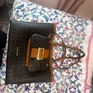 Nanette Lepore Dark Brown Monogram Tote with Tan Accents